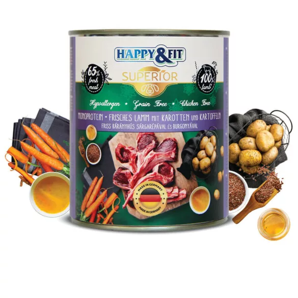 Happy&Fit Superior 100% Monoprotein– Proaspăt lamb with carrot și with potato 6x400 g