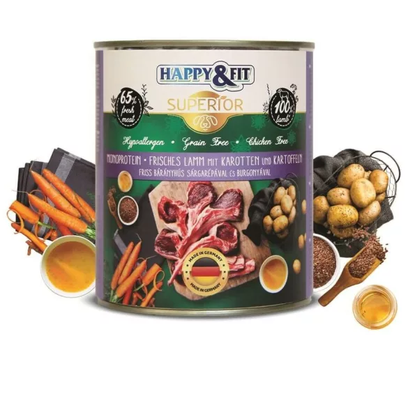 Happy&Fit Superior 100% Monoprotein– Proaspăt lamb with carrot și with potato 800 g