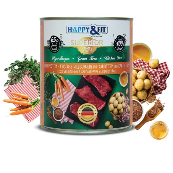 Happy&Fit Superior 100% Monoprotein – Proaspăt wild boar with carrot și with potato 800 g