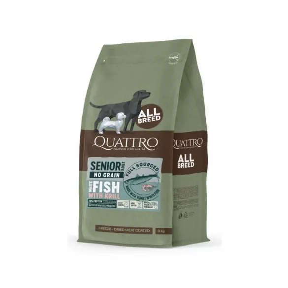 QUATTRO Hypoallergenic SENIOR ALL BREED ADULT WHITE FISH AND KRILL hrană pentru câini 12 kg